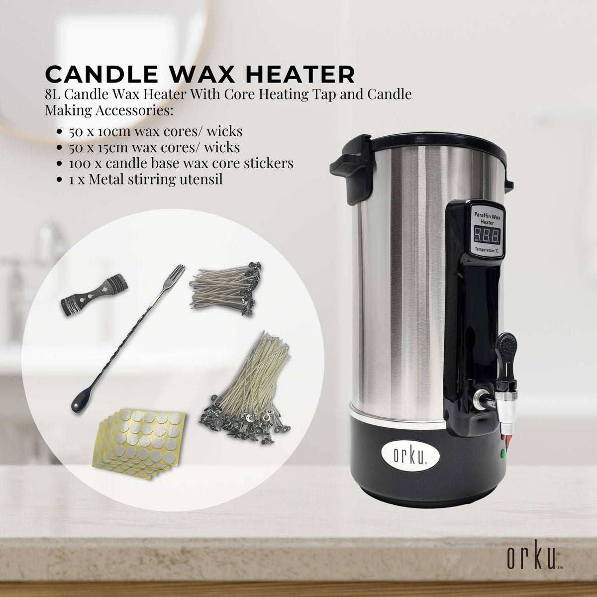 Orku Candle Wax Heater with Tap and Accessories, 8L, Silver
