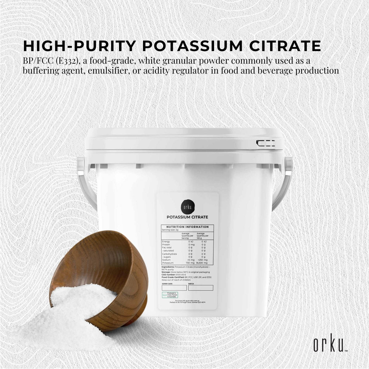 Orku Potassium Citrate, Food Grade E332 Granules, 5kg Tub