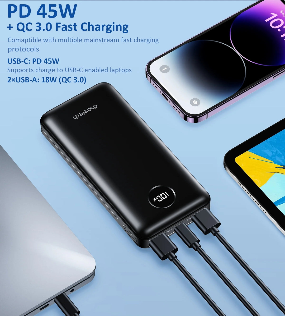 CHOETECH B653 20000mAh Power Bank, 45W USB-C PD Laptop Charging