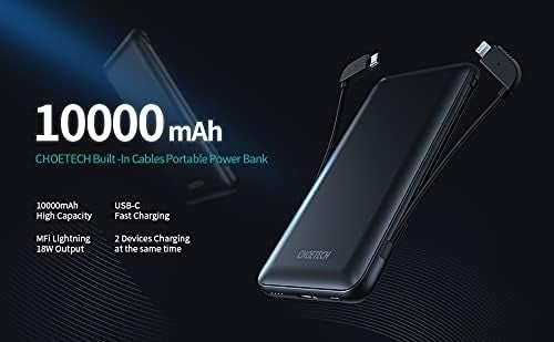 CHOETECH B688-BK 10000mAh Power Bank, Built-In Lightning & USB-C Cables