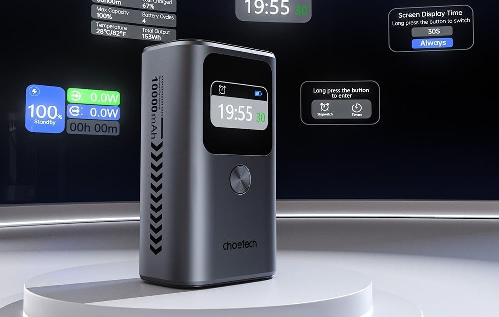 Choetech 10000mAh Power Bank, 30W PD, 3 Ports & TFT Display
