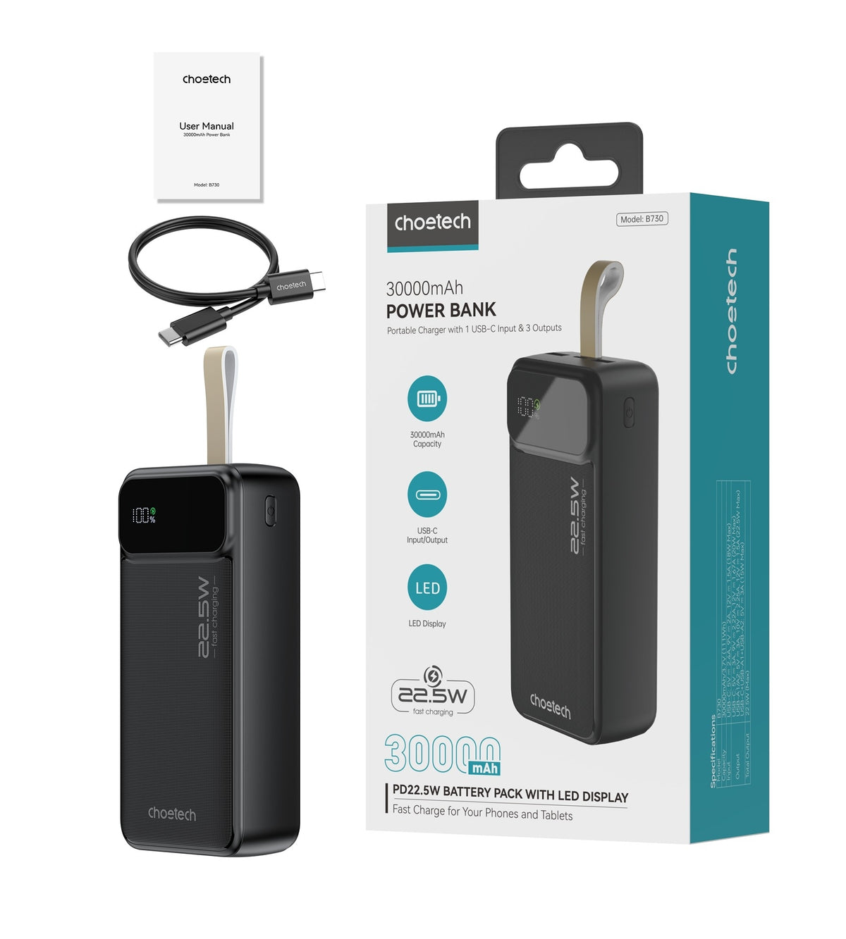 CHOETECH B730 30000mAh Power Bank, 22.5W Fast Charging, Digital Display