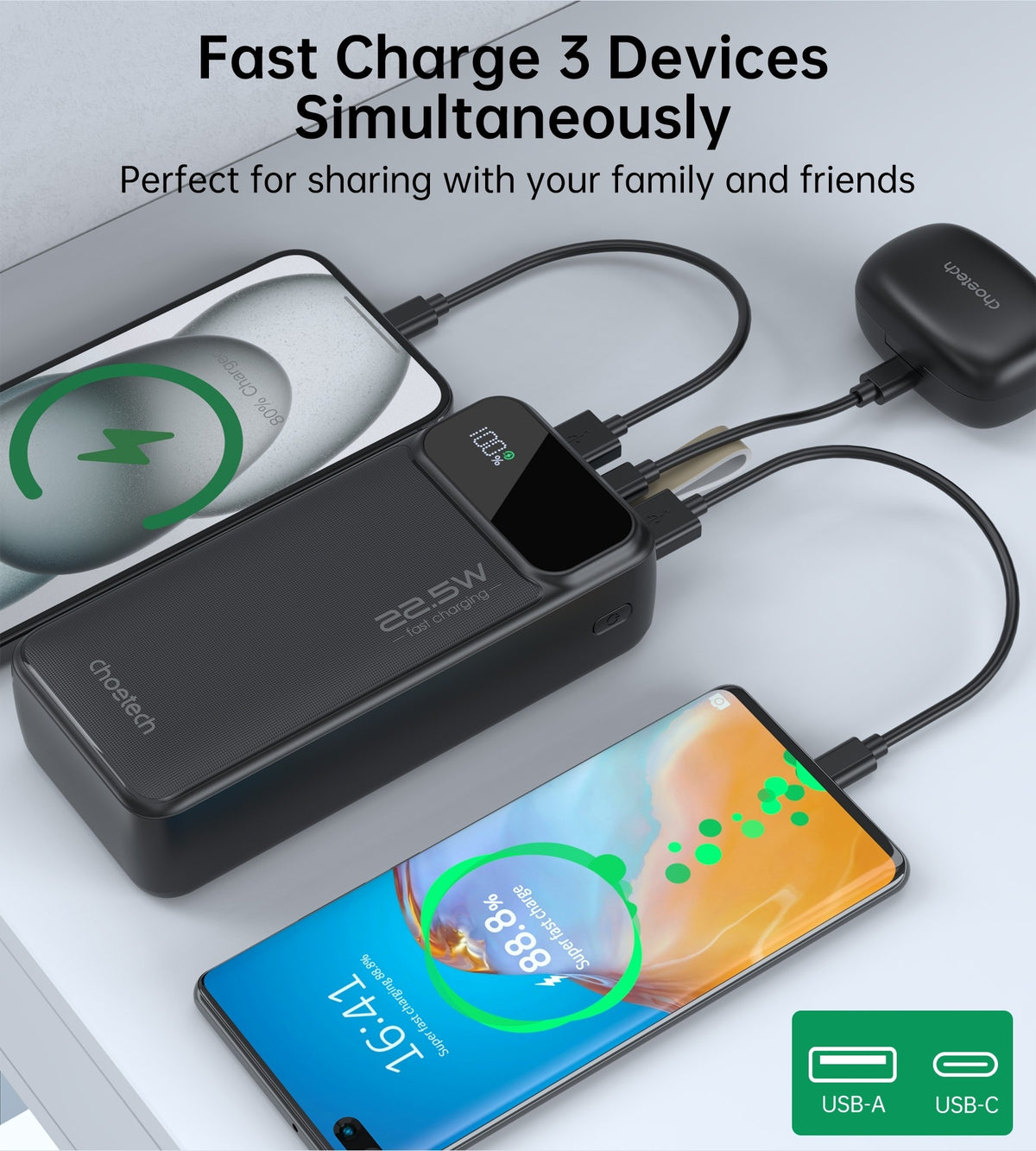 CHOETECH B731 40000mAh Power Bank, 22.5W Fast Charging, Digital Display