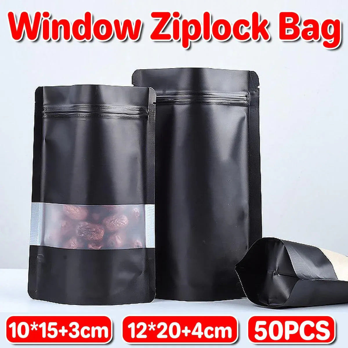 Black Window Stand-Up Pouches, Resealable, 12 x 20cm, 50 Pack
