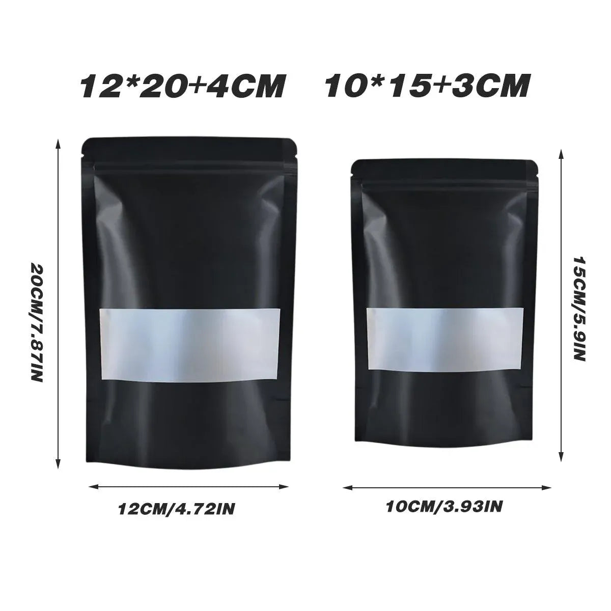 Black Window Stand-Up Pouches, Resealable, 12 x 20cm, 50 Pack