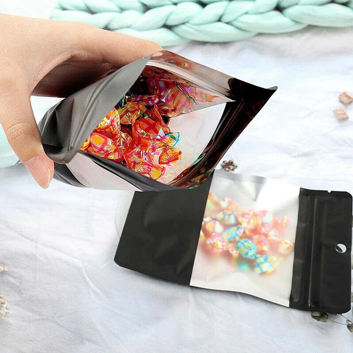 Black Window Stand-Up Pouches, Resealable, 12 x 20cm, 50 Pack