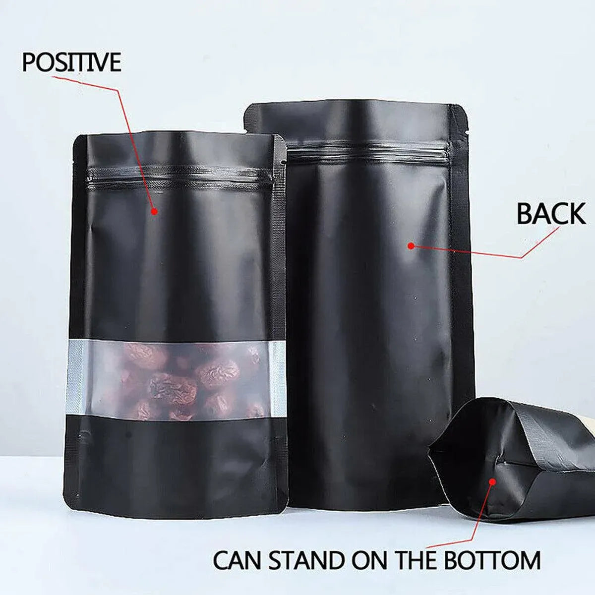 Black Window Stand-Up Pouches, Resealable, 12 x 20cm, 50 Pack