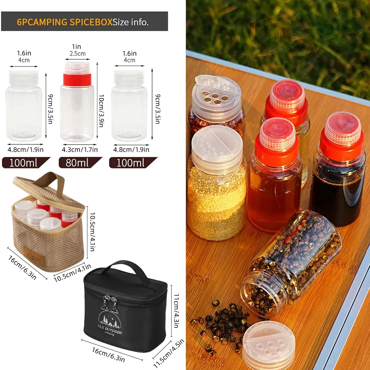 6-Piece Mini Seasoning Bottle Set with Carry Bag, Black
