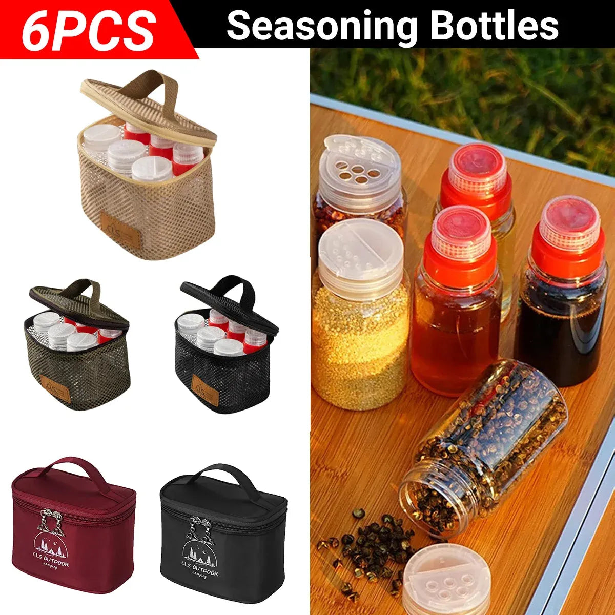 6-Piece Mini Seasoning Bottle Set with Carry Bag, Khaki