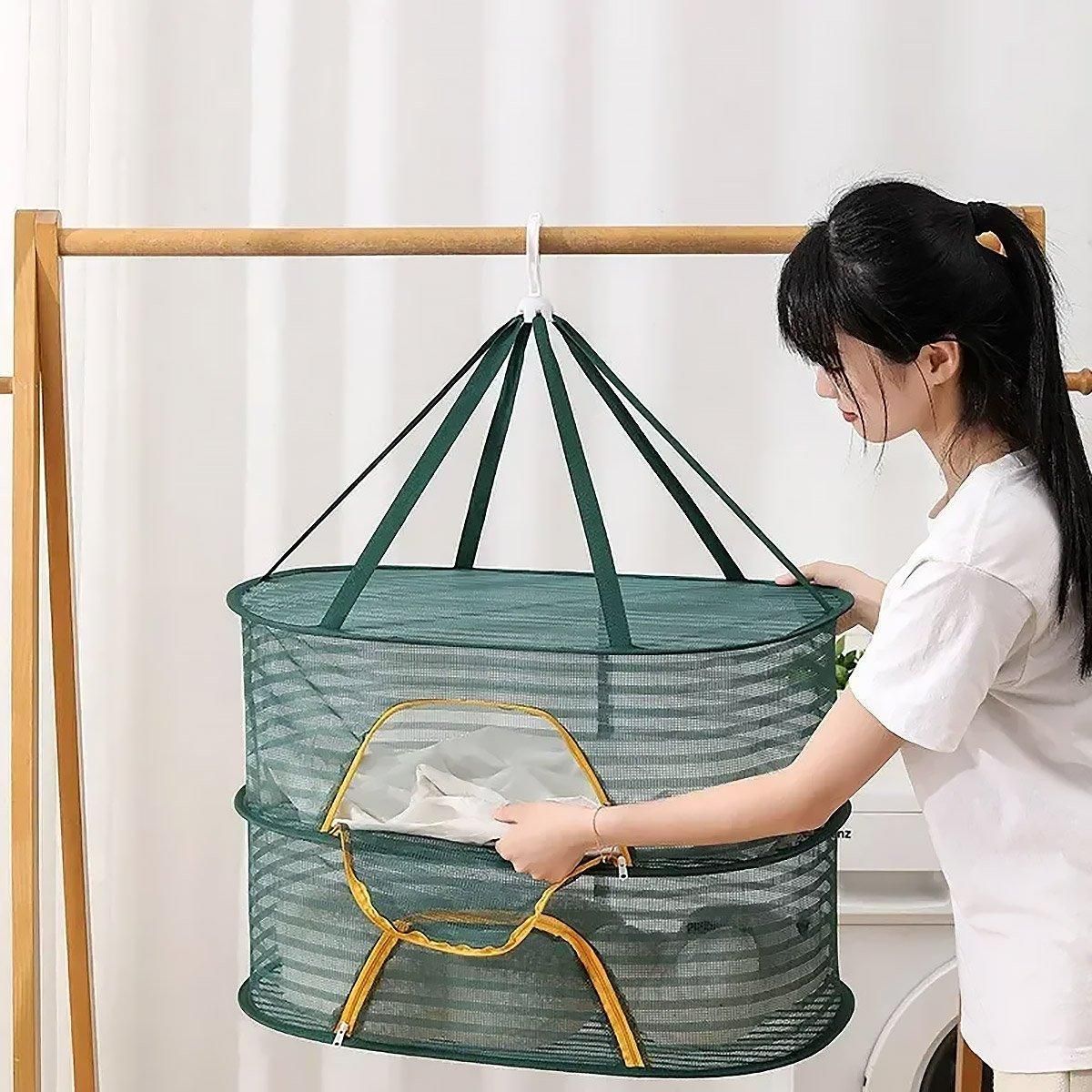 Enclosed Mesh Drying Basket, Double Layer, 60cm, Insect Proof, Green