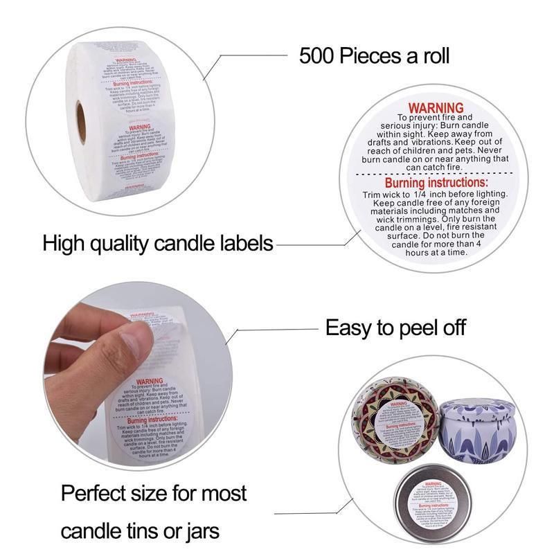 Candle Warning Label Stickers, Round, Roll of 500
