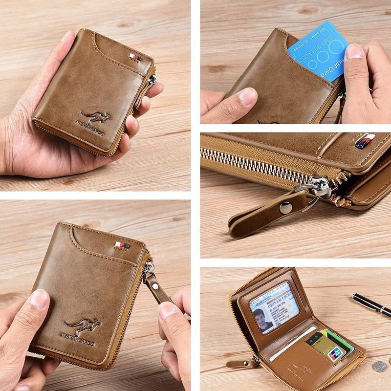 Men's RFID Blocking Short Wallet, PU Leather Zip Card Holder, Brown