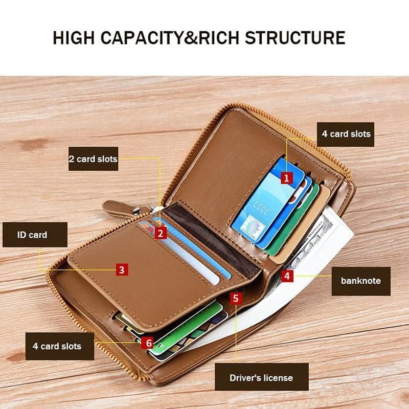 Men's RFID Blocking Short Wallet, PU Leather Zip Card Holder, Brown