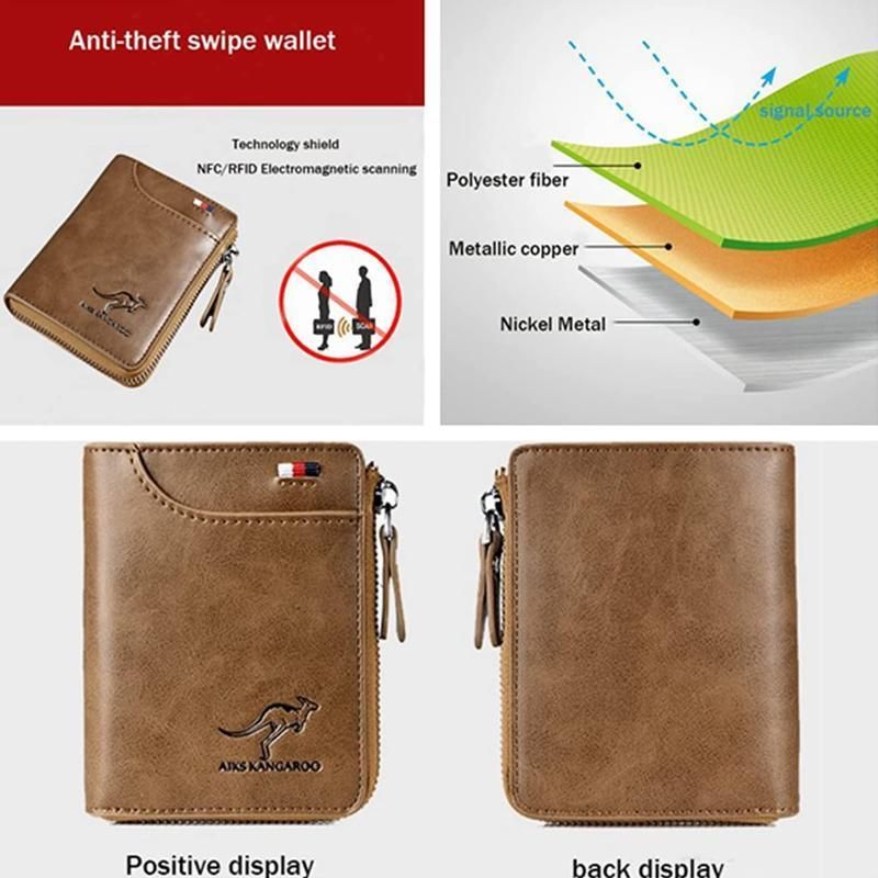 Men's RFID Blocking Short Wallet, PU Leather Zip Card Holder, Brown