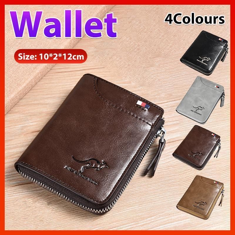 Men's RFID Blocking Short Wallet, PU Leather Zip Card Holder, Grey