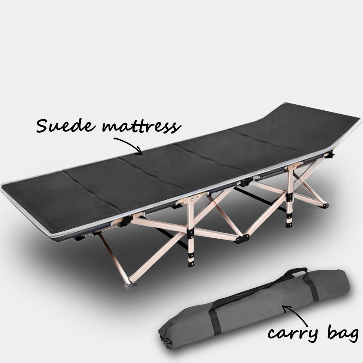 Folding Camp Stretcher Bed with 18° Raised Headrest, with Mattress, Grey