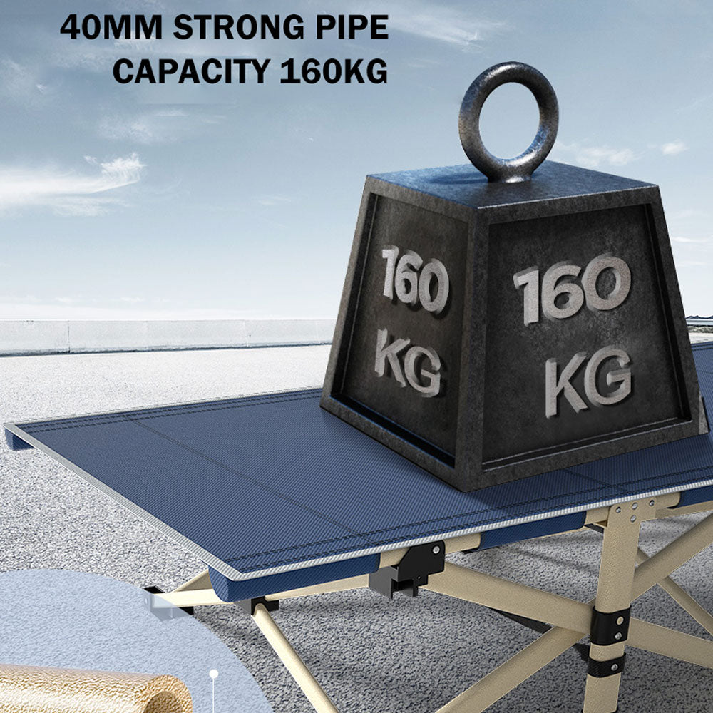 Folding Camp Stretcher Bed with 18° Raised Headrest, with Mattress, Navy