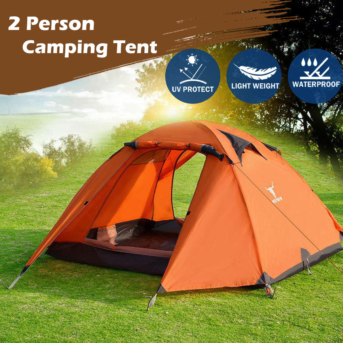 2 Person Lightweight Hiking Tent, Dual Door with Aluminium Poles, Orange