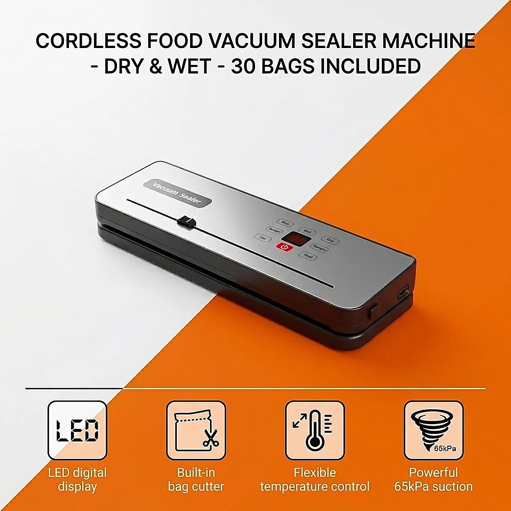 Cordless Food Vacuum Sealer, Dry & Wet Modes, with 30 Bags