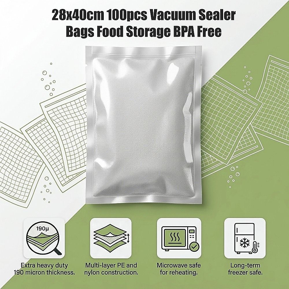 Heavy Duty Vacuum Sealer Bags, 190 Micron, 100 Pack, 28 x 40cm