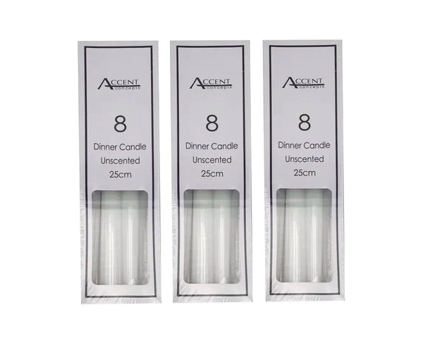 Unscented Dinner Candles, 25cm, White, 192 Pack