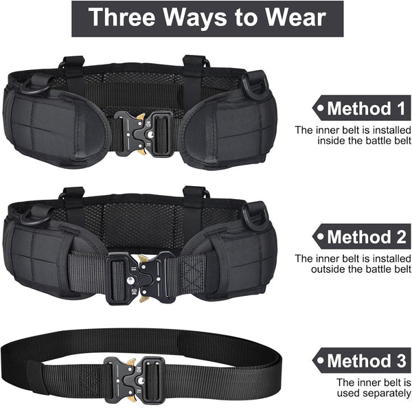 Black Adjustable Tactical Battle Belt Set - Padded MOLLE Outer Belt & Nylon Inner Belt
