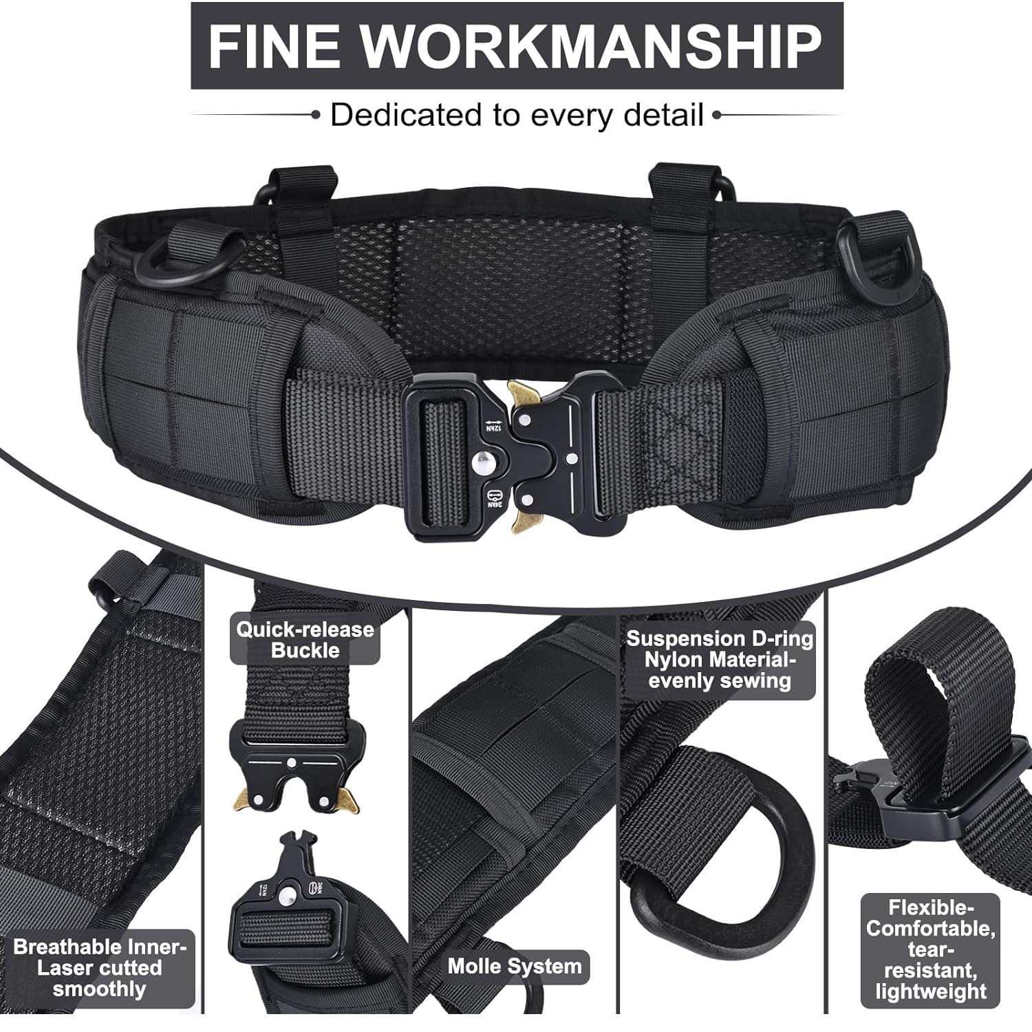 Black Adjustable Tactical Battle Belt Set - Padded MOLLE Outer Belt & Nylon Inner Belt
