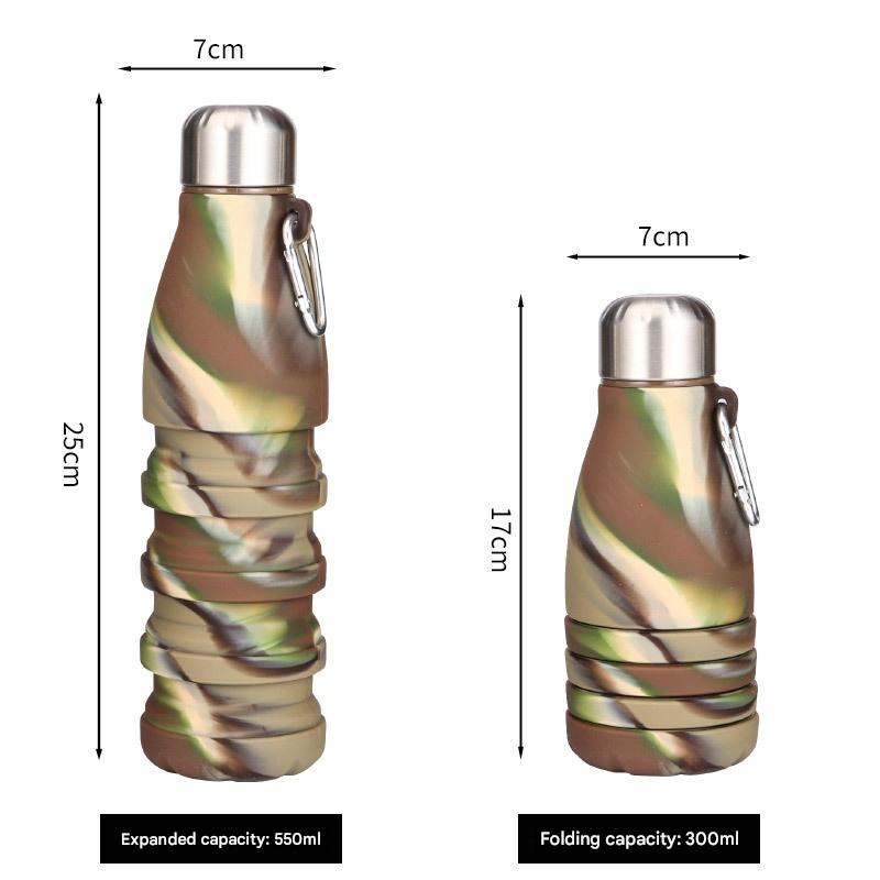 Collapsible Silicone Water Bottle with Carabiner, 550ml/300ml, Camouflage Green
