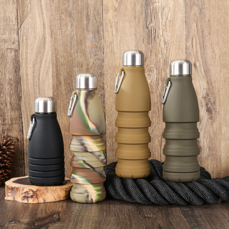 Collapsible Silicone Water Bottle with Carabiner, 550ml/300ml, Camouflage Blue