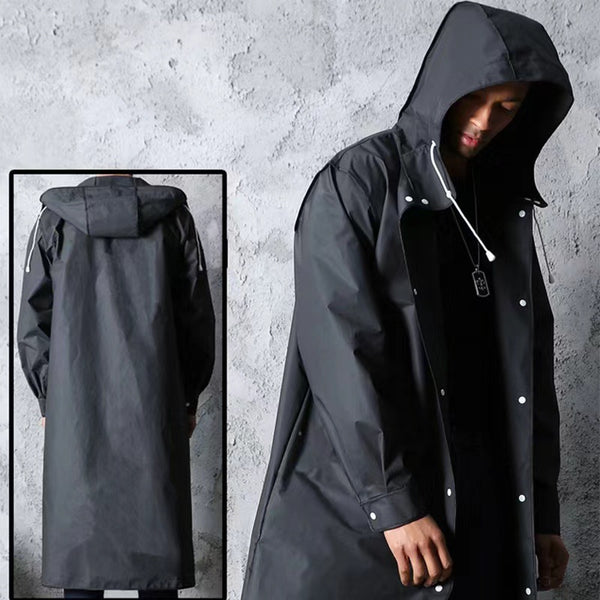 Hooded Extra Long Trench Raincoat, Black, XL