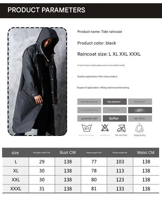 Hooded Extra Long Trench Raincoat, Black, XXL