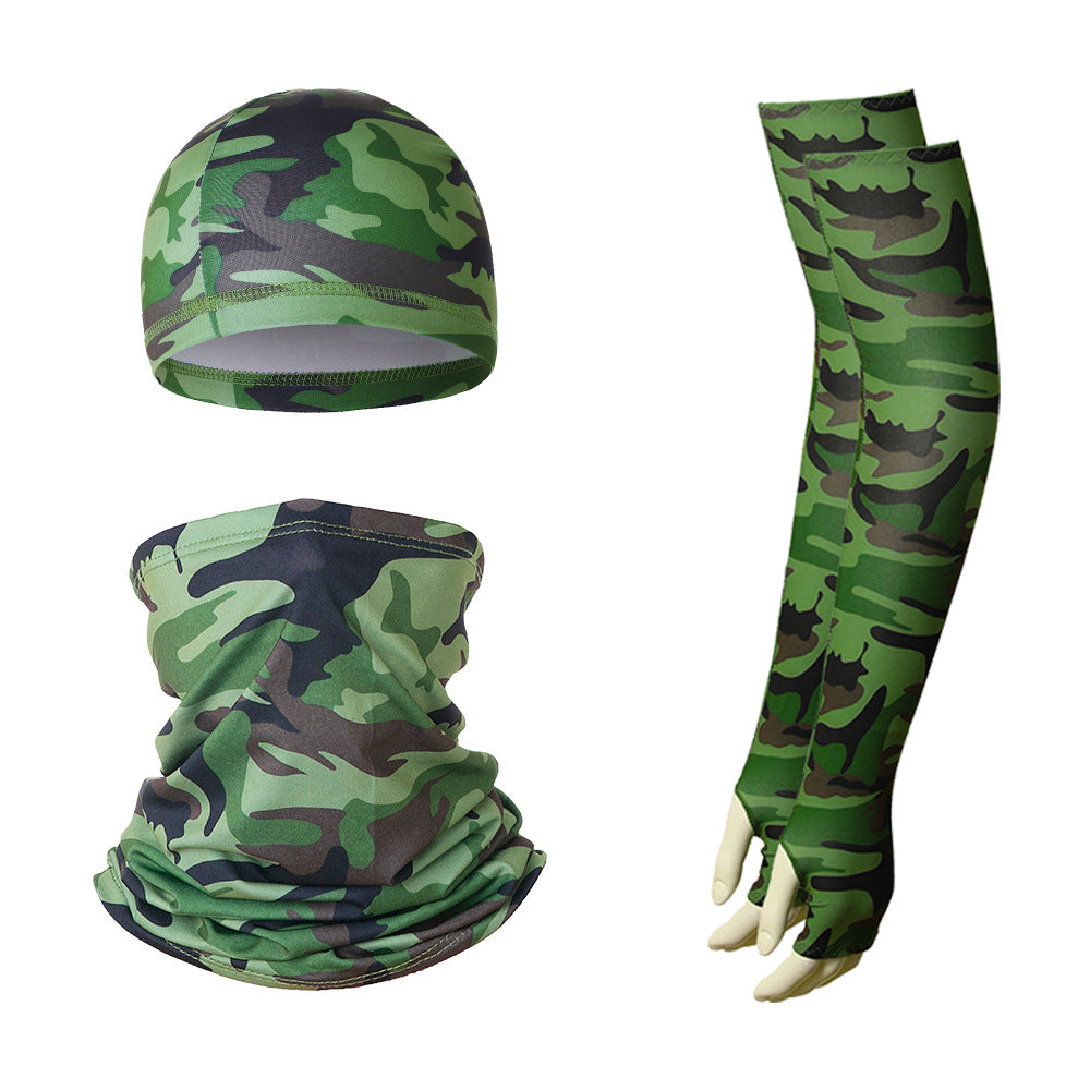 Cooling UV Protection Set with Skull Cap, Gaiter & Sleeves, Green Camo