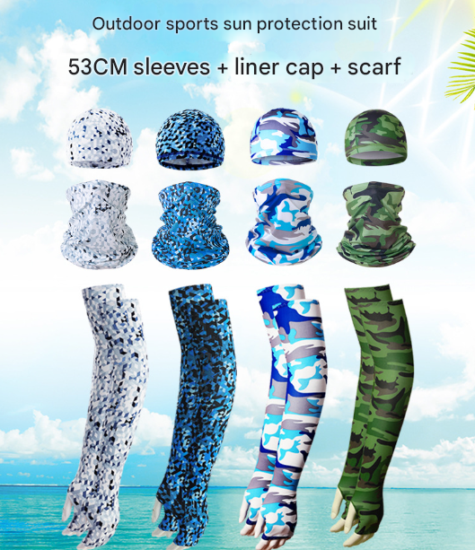 Cooling UV Protection Set with Skull Cap, Gaiter & Sleeves, Green Camo