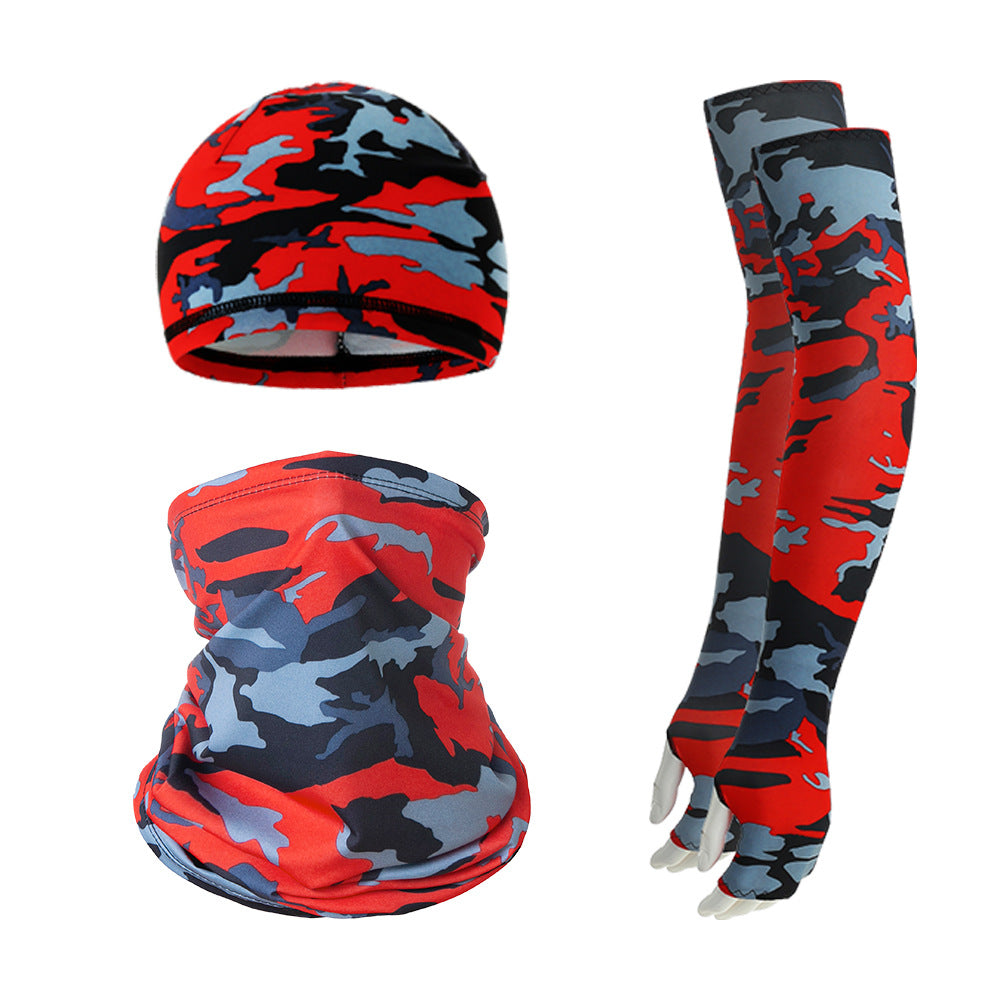 Cooling UV Protection Set with Skull Cap, Gaiter & Sleeves, Red & Grey Camo