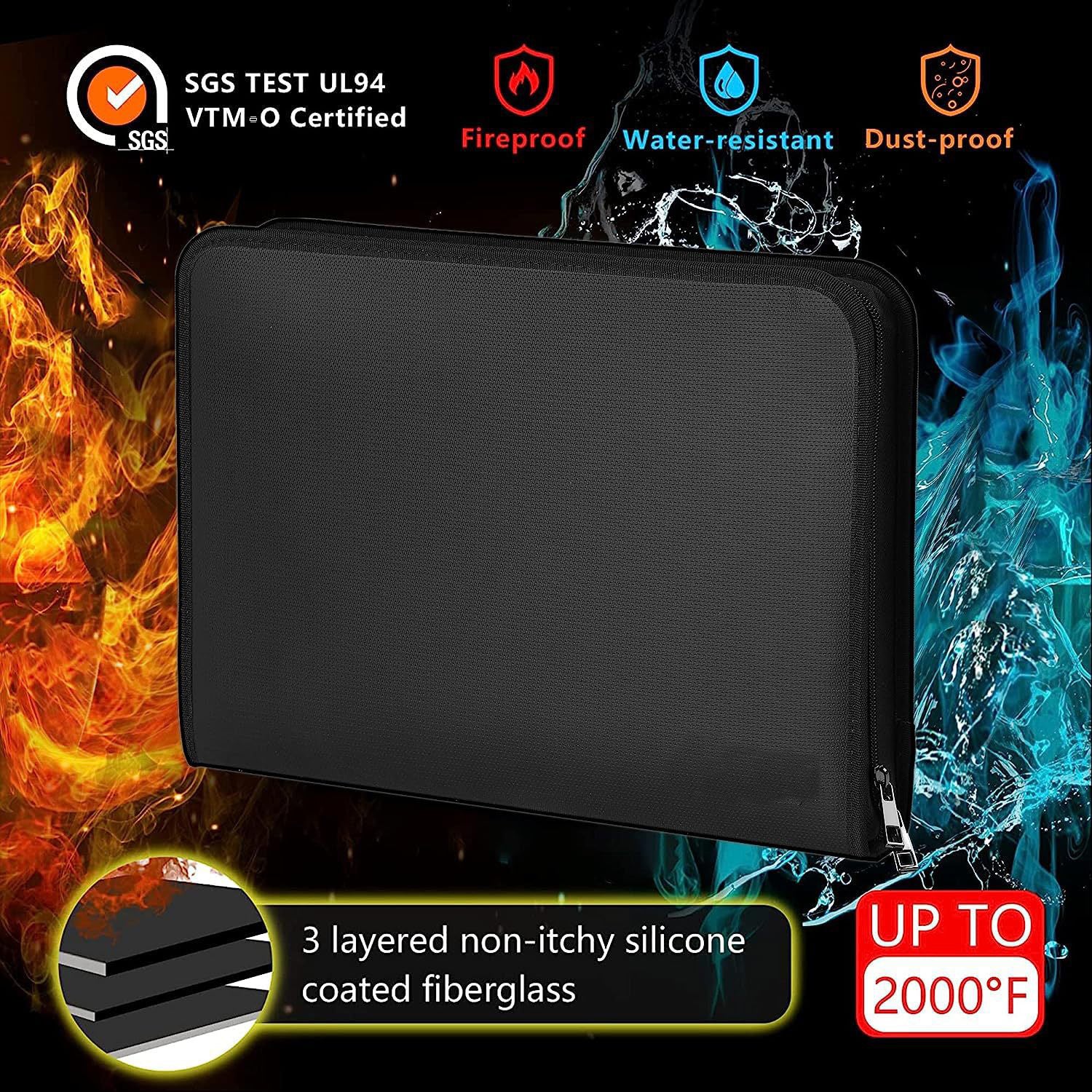 Fireproof & Waterproof Expanding File Folder Organizer with Zipper - Large Capacity Document Safe Bag(Black with handle model)