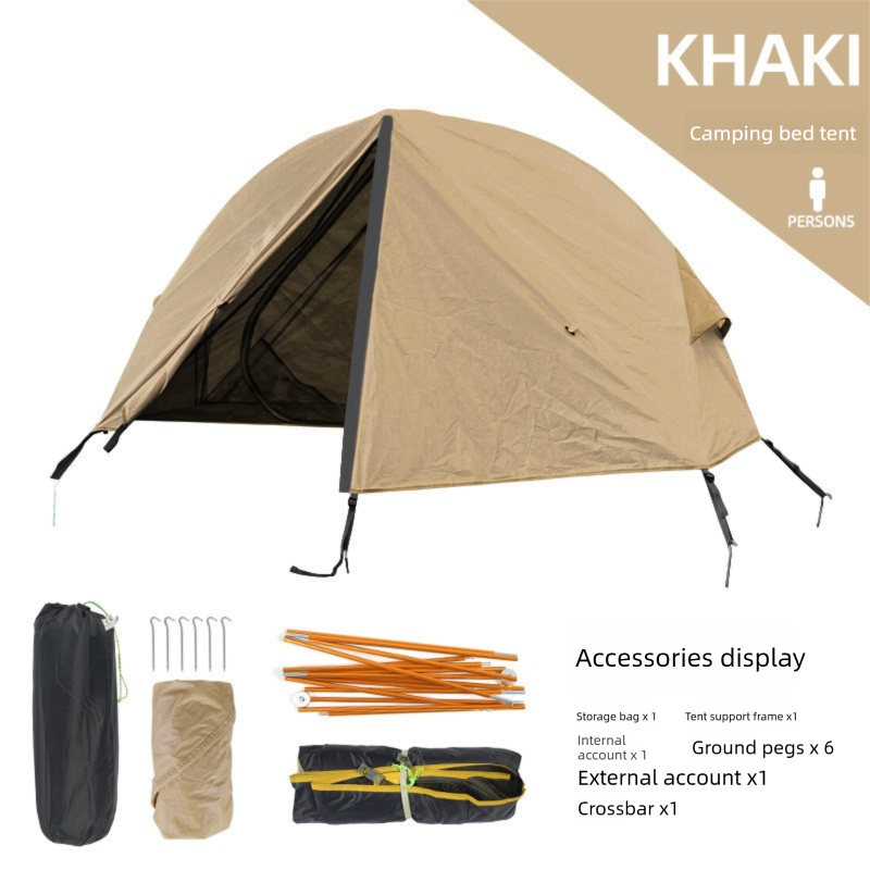 Single-Person Off-Ground Camping Tent for Camp Bed, Mosquito Net, Light Khaki
