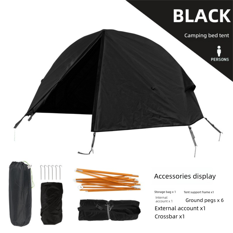 Single-Person Off-Ground Camping Tent for Camp Bed, Mosquito Net, Black