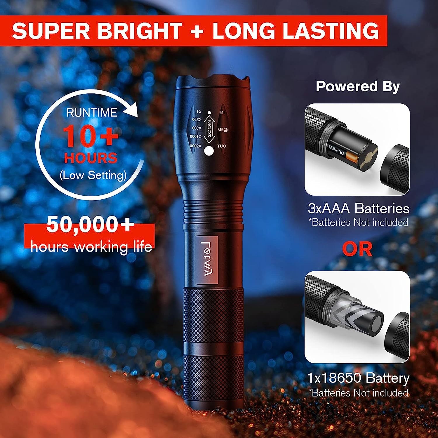 2-Pack High-Powered LED Flashlight - Zoomable Focus & Waterproof Torch