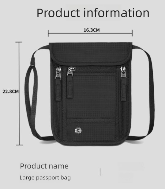 Grey RFID Neck Passport Holder - 16.3 x 22.8 cm Lightweight Nylon and Polyester Crossbody Travel Wallet and Document Organiser for Phone, Cards, Cash and Tickets