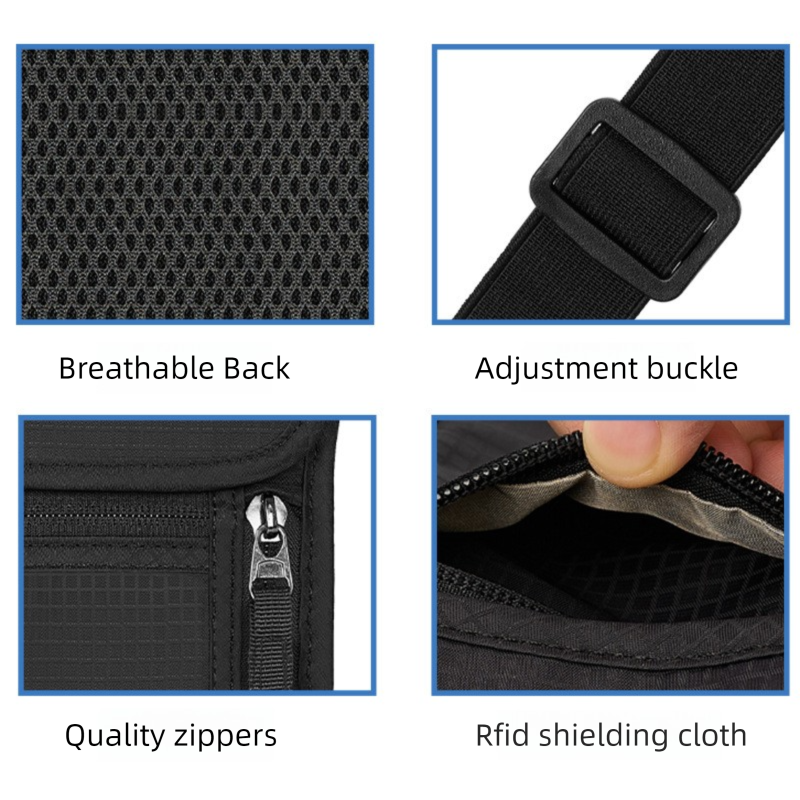 Black and Grey RFID Neck Passport Holder - 16.3 x 22.8 cm Lightweight Nylon and Polyester Crossbody Travel Wallet and Document Organiser for Phone, Cards, Cash and Tickets