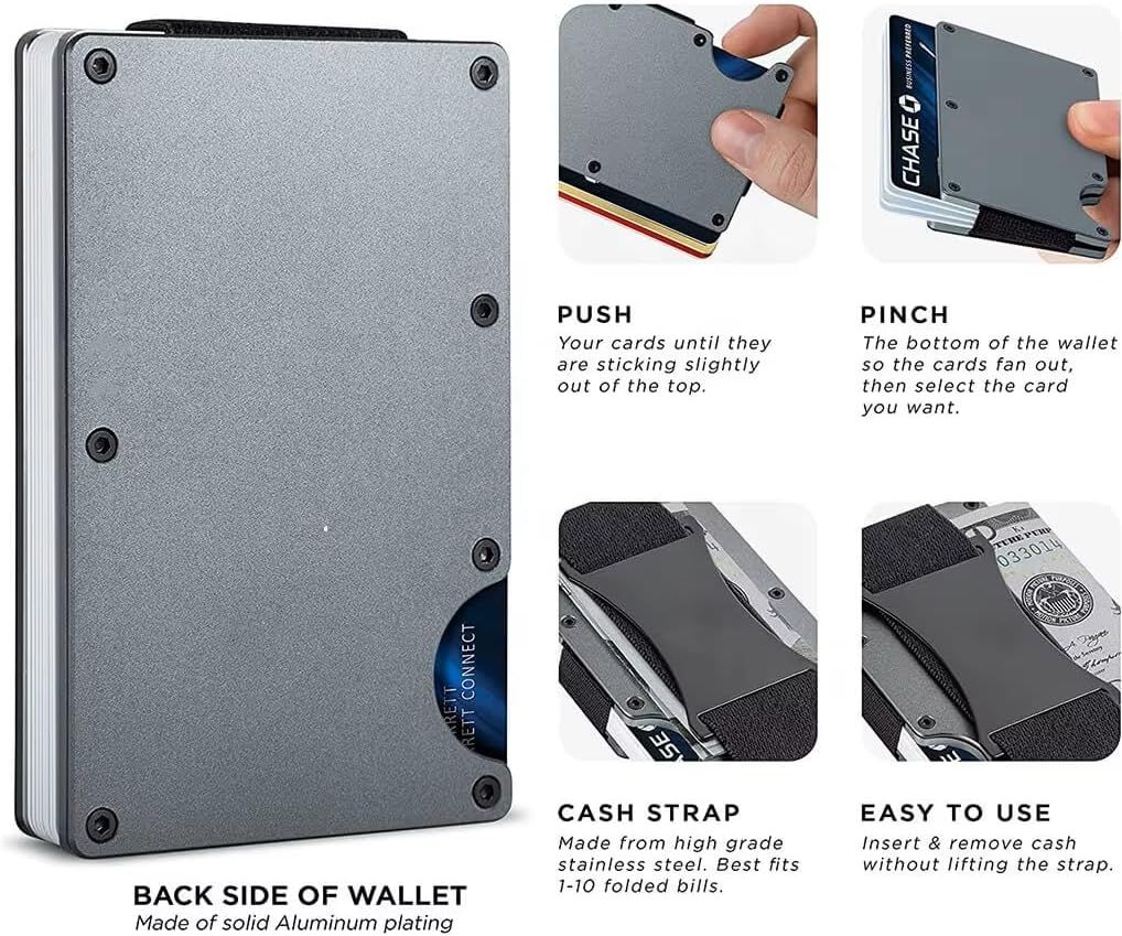 Coffee color Slim RFID Blocking Aluminum Card Holder - Metal Wallet with Cash Strap Minimalist Card Case
