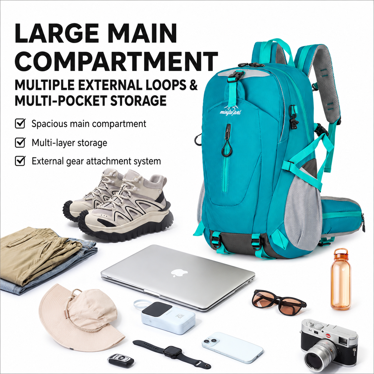 Gray Hiking Backpack with 5 Carabiners Included – Lightweight Waterproof Outdoor Daypack for Men and Women, Breathable Cycling Hiking Trekking Camping Travel Backpack
