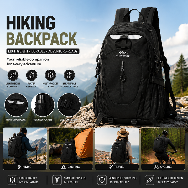 Black Outdoor Hiking Backpack - Lightweight Nylon Daypack