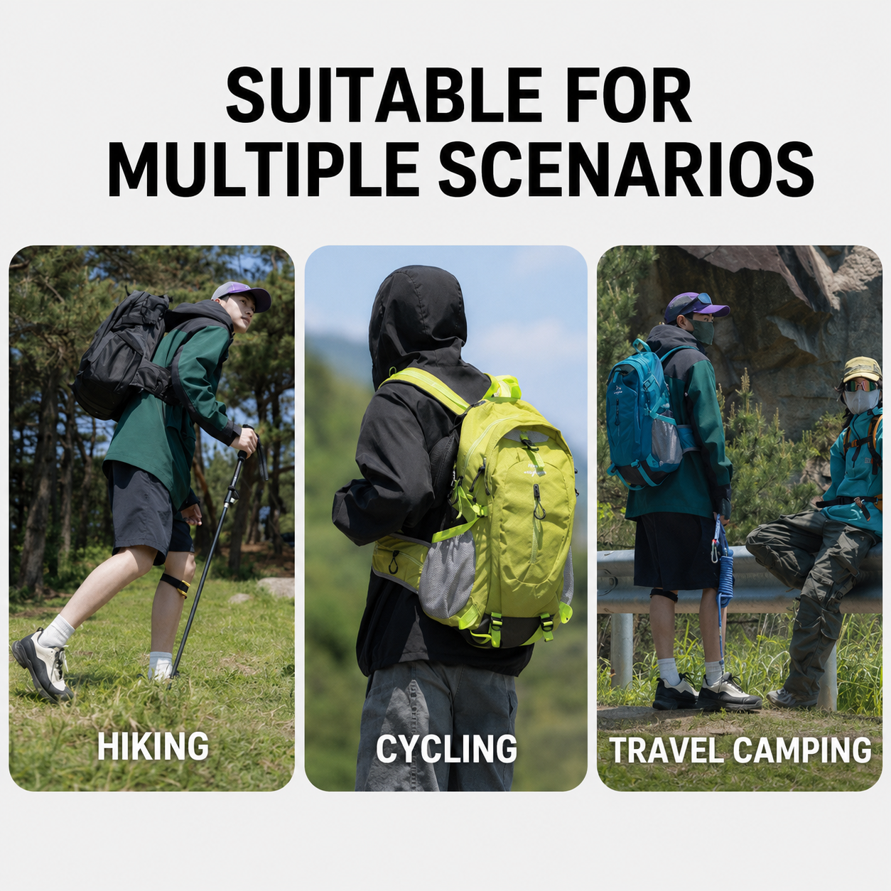 Black Outdoor Hiking Backpack - Lightweight Nylon Travel Daypack with Multi Pocket Storage, Water Resistant Design, Breathable Back Support for Trekking Camping Cycling Adventures