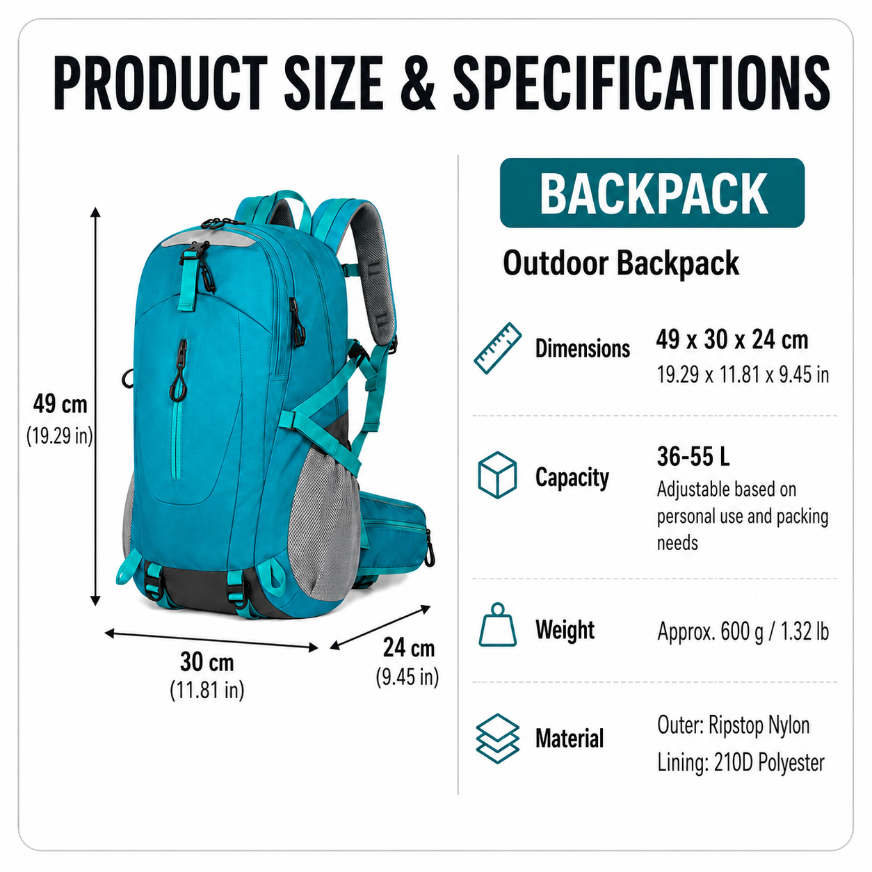 Black Outdoor Hiking Backpack - Lightweight Nylon Travel Daypack with Multi Pocket Storage, Water Resistant Design, Breathable Back Support for Trekking Camping Cycling Adventures