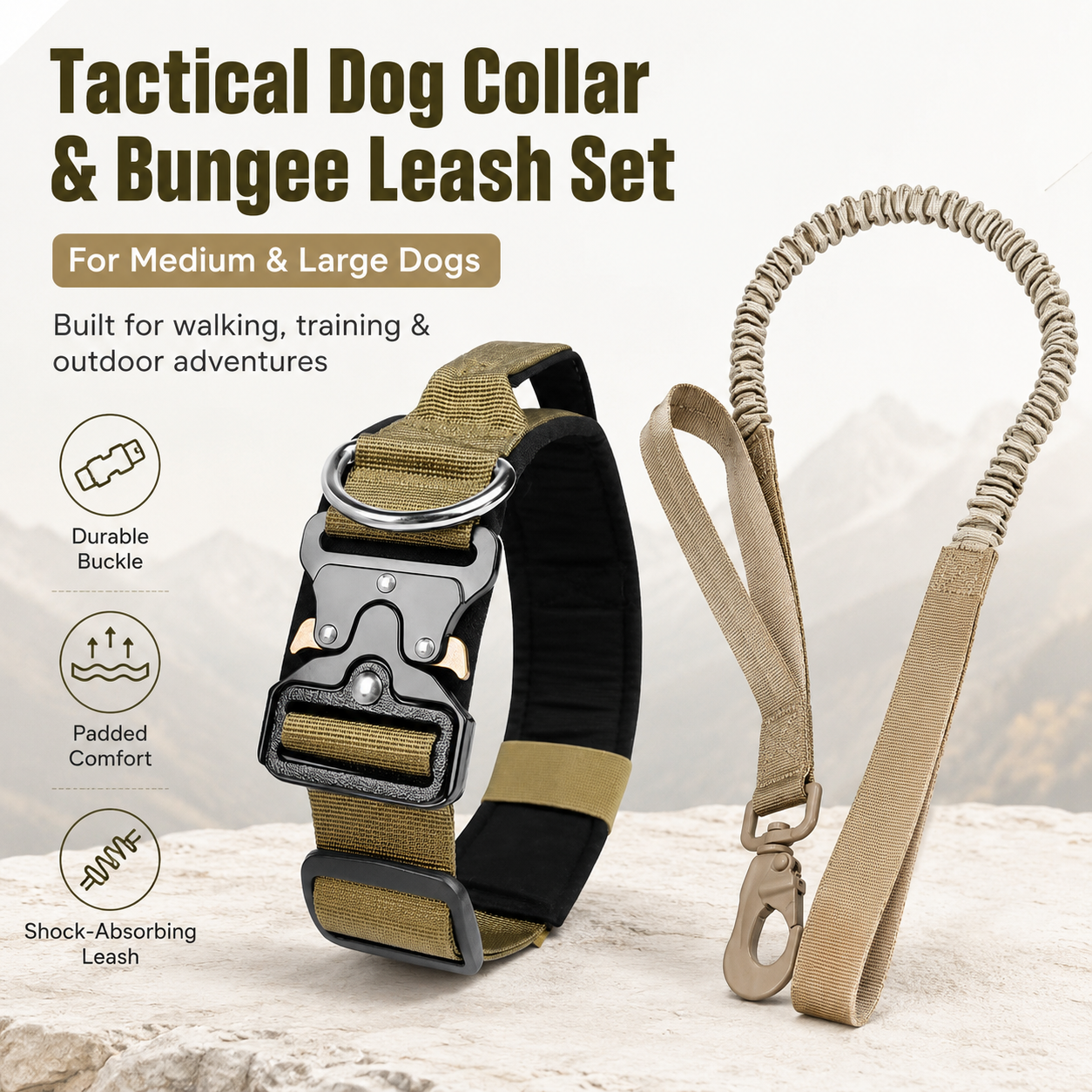 Khaki Tactical Dog Collar and Bungee Lead Set (L size)