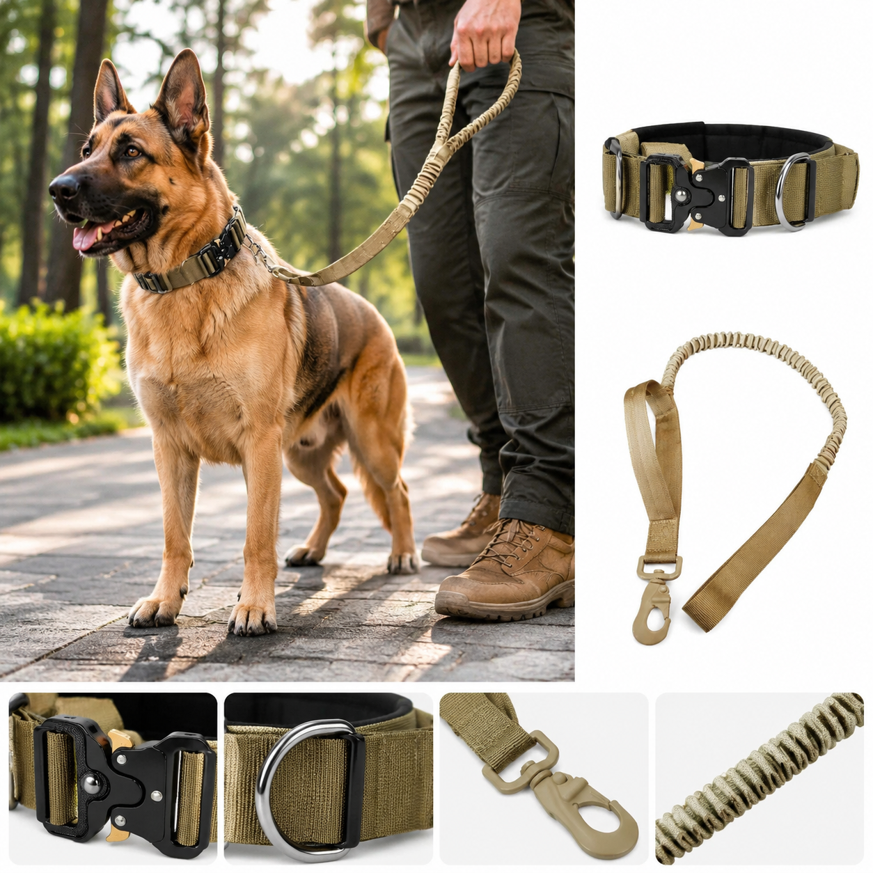 Khaki Tactical Dog Collar and Bungee Lead Set (XL size)