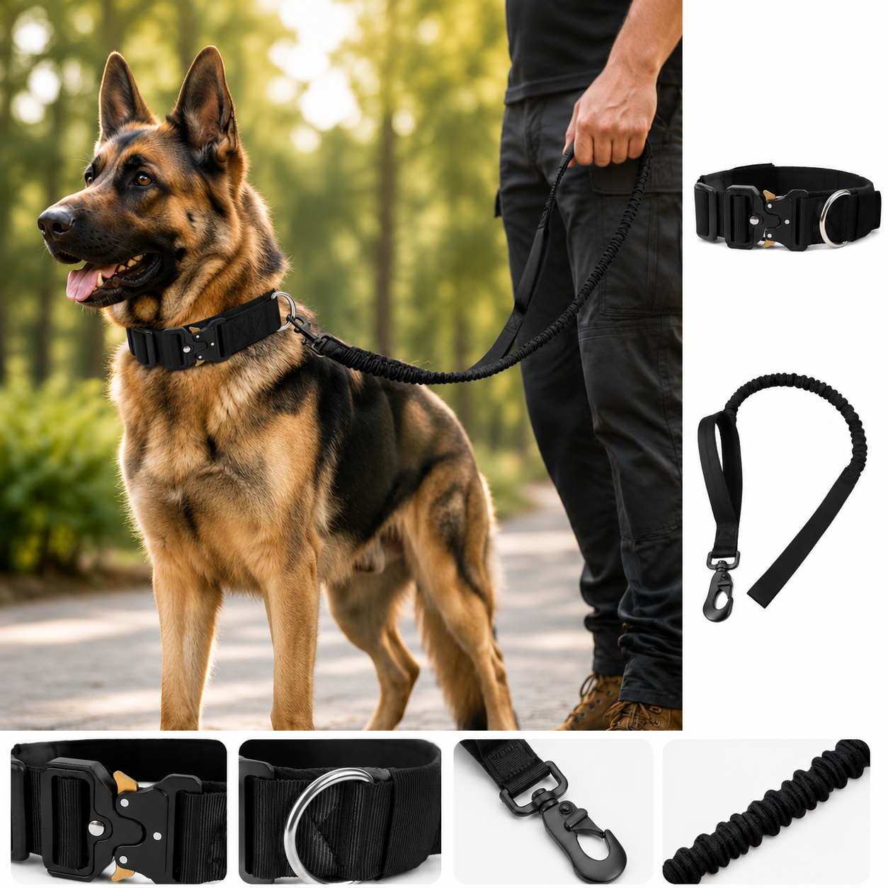 Black Tactical Dog Collar and Bungee Lead Set (M size)