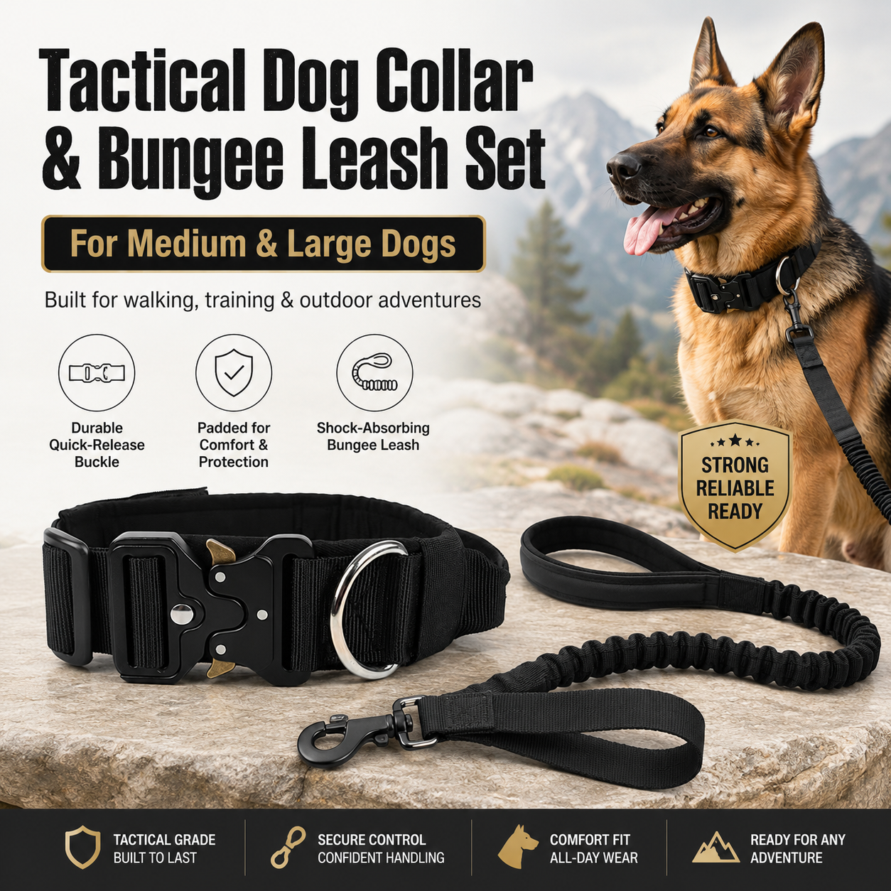 Black Tactical Dog Collar and Bungee Lead Set (L size)