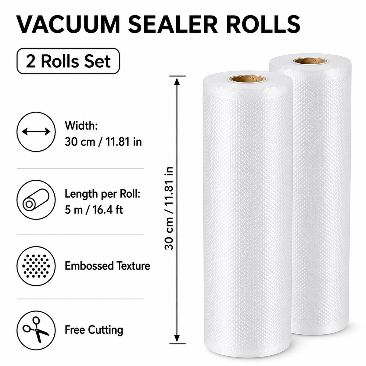 Embossed Vacuum Sealer Bag Rolls, 2 Pack, 30cm x 5m